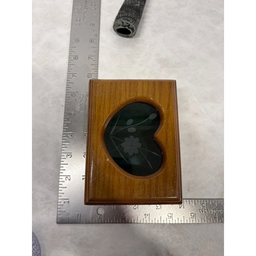 Vintage Wooden Jewelry Box Heart Etched Glass Floral Inlay Green Velvet Lining